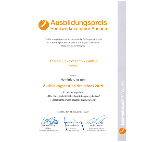 Urkunde zur Nominierung zum Ausbildungspreis 2019